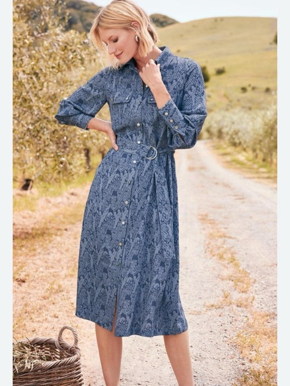 Soft Surroundings Irina Blue Python Snakeskin Shirt Dress Midi Button Front, M